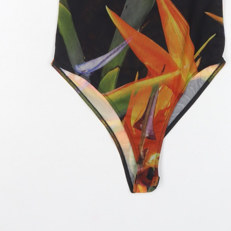 Zara Women Multicoloured Size 4 Floral Sheer Mesh Bodysuit
