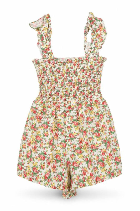 ASOS Women Multicoloured Floral Smocked Cotton Linen Playsuit UK 12
