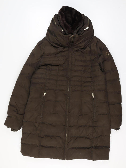 Michael Kors Women's Brown L Long Puffer Coat Faux Fur Hood