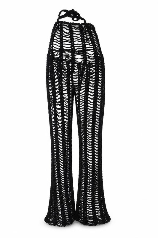 PrettyLittleThing Women Black Crochet Wide-Leg Trousers Size S