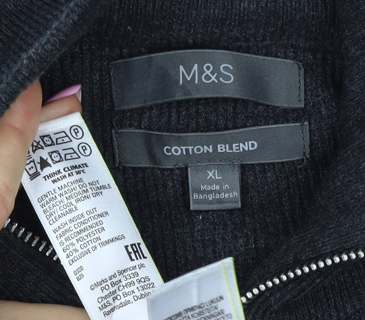 Marks and Spencer Mens Black XL Full Zip Cotton Blend Knit Jumper