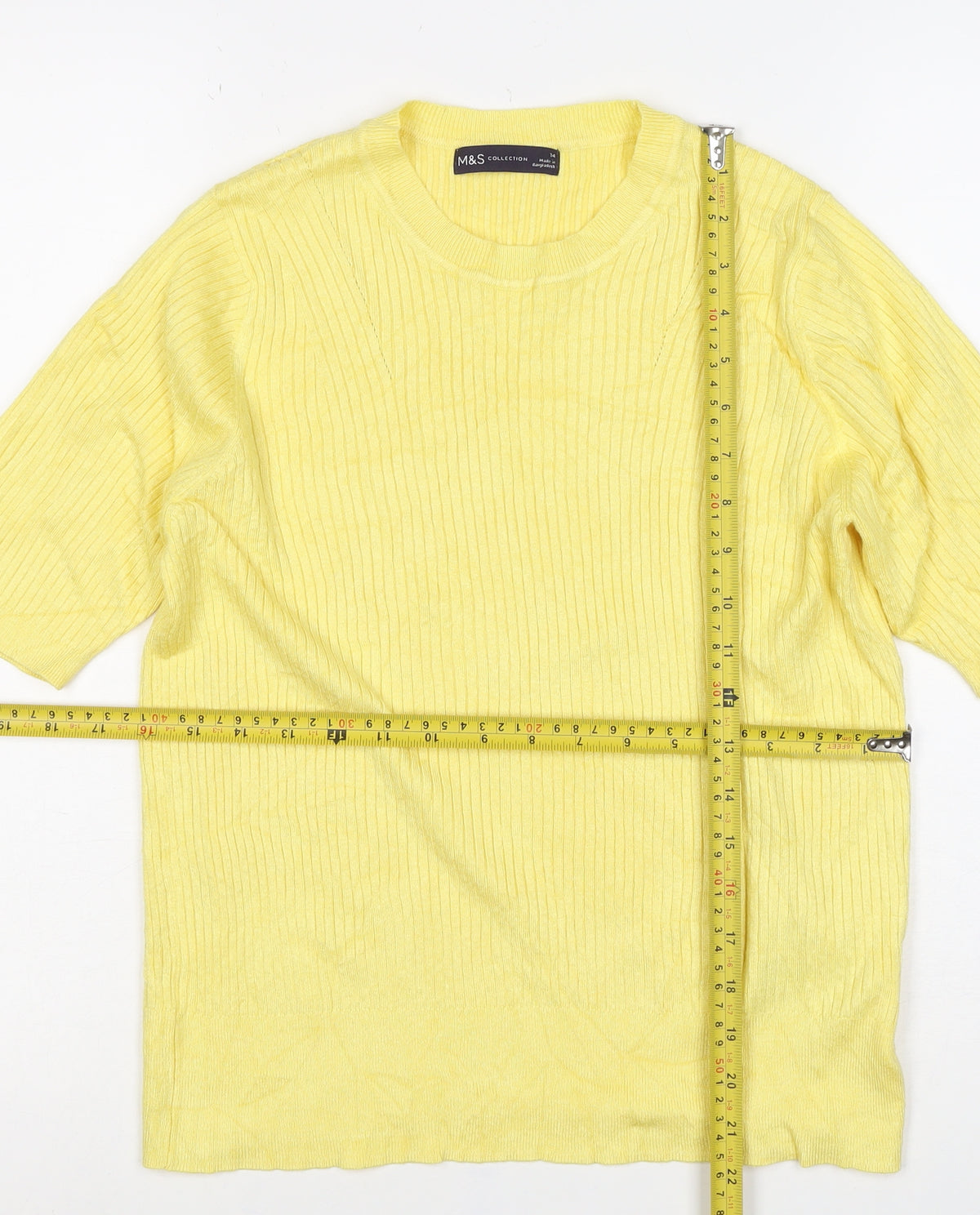 Marks and Spencer Women Yellow UK 14 Rib Knit Short Sleeve Basic Top
