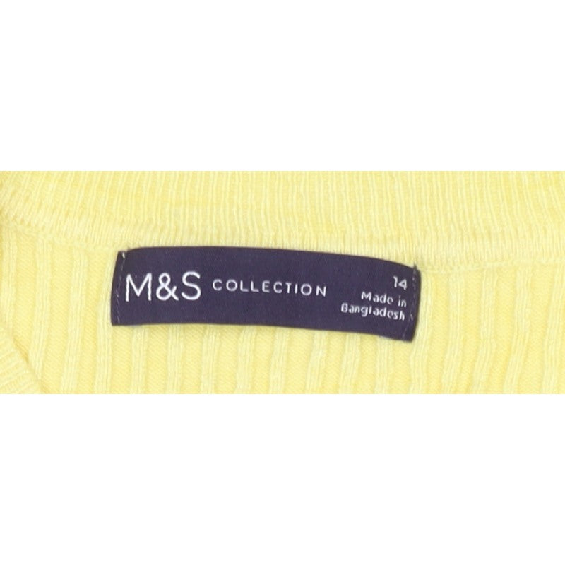 Marks and Spencer Women Yellow UK 14 Rib Knit Short Sleeve Basic Top