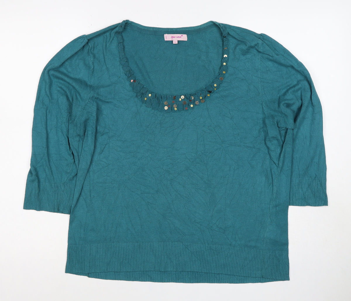 Per Una Women’s Blue Size 20 Ruffle Sequin Knit 3/4 Sleeve Top