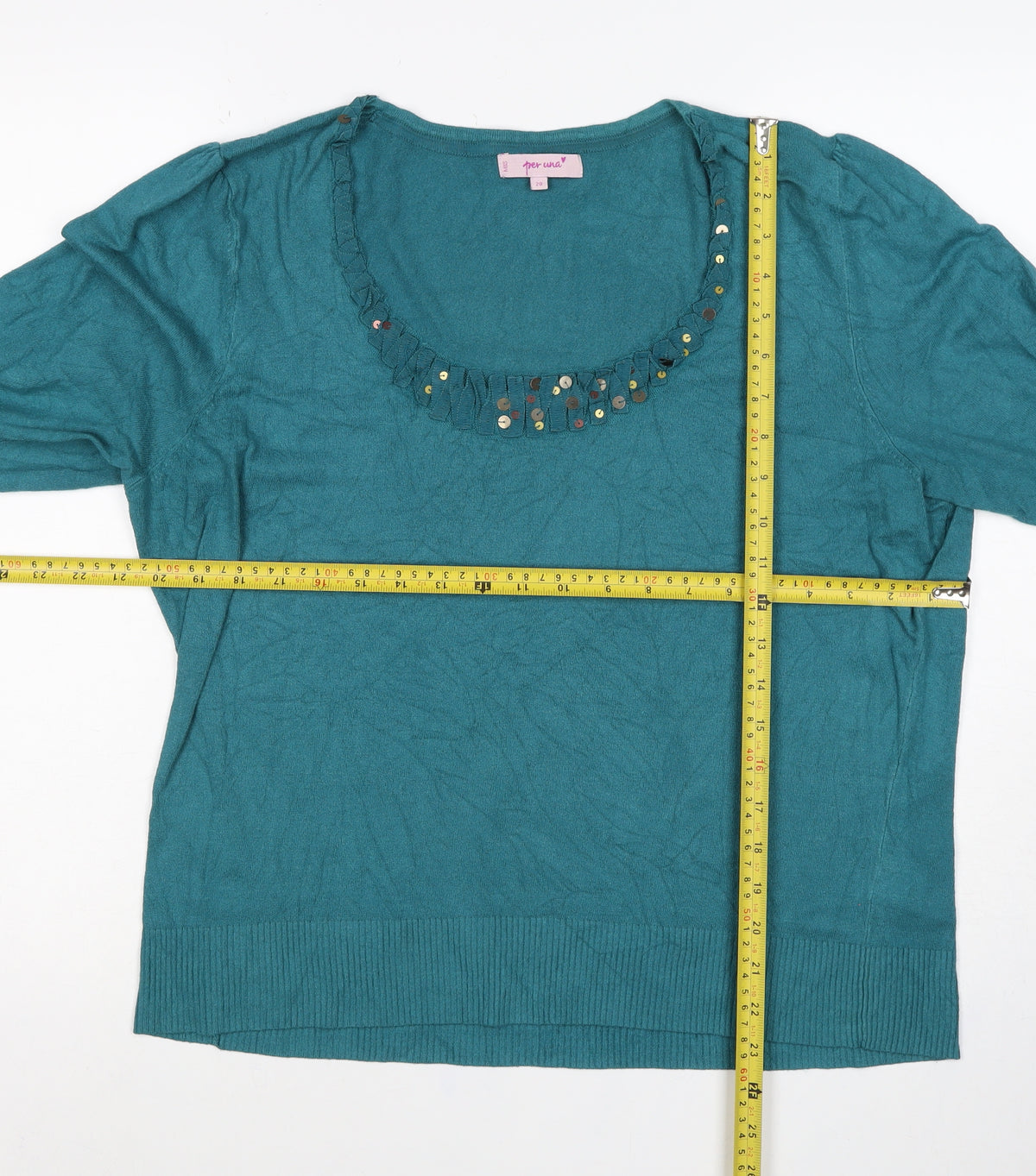 Per Una Women’s Blue Size 20 Ruffle Sequin Knit 3/4 Sleeve Top
