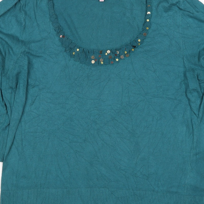 Per Una Women’s Blue Size 20 Ruffle Sequin Knit 3/4 Sleeve Top