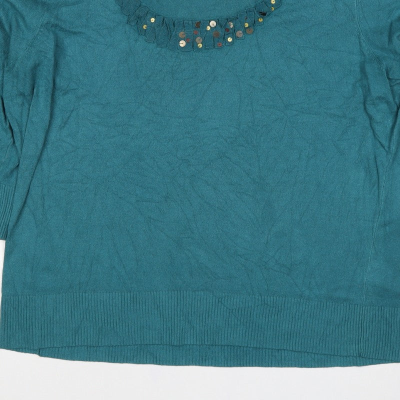 Per Una Women’s Blue Size 20 Ruffle Sequin Knit 3/4 Sleeve Top