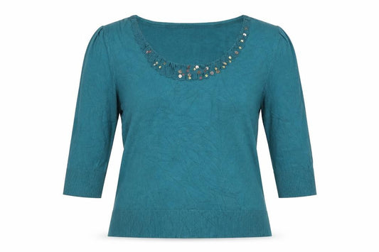 Per Una Women’s Blue Size 20 Ruffle Sequin Knit 3/4 Sleeve Top