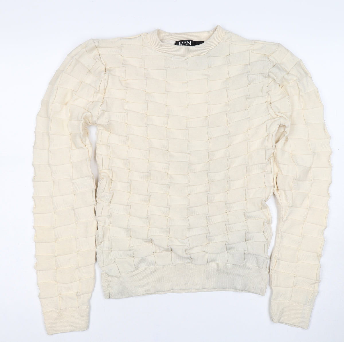 boohooMAN Men's Ivory L Ruffle Textured Knit Crew Neck Pullover Jumper