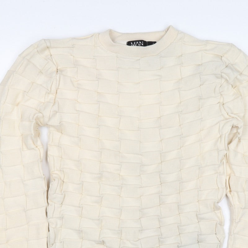 boohooMAN Men's Ivory L Ruffle Textured Knit Crew Neck Pullover Jumper