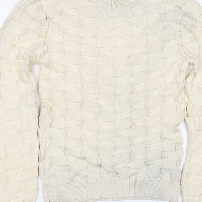 boohooMAN Men's Ivory L Ruffle Textured Knit Crew Neck Pullover Jumper