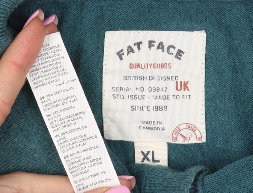Fat Face Men’s Green XL Cotton Wool Collared Henley Jumper