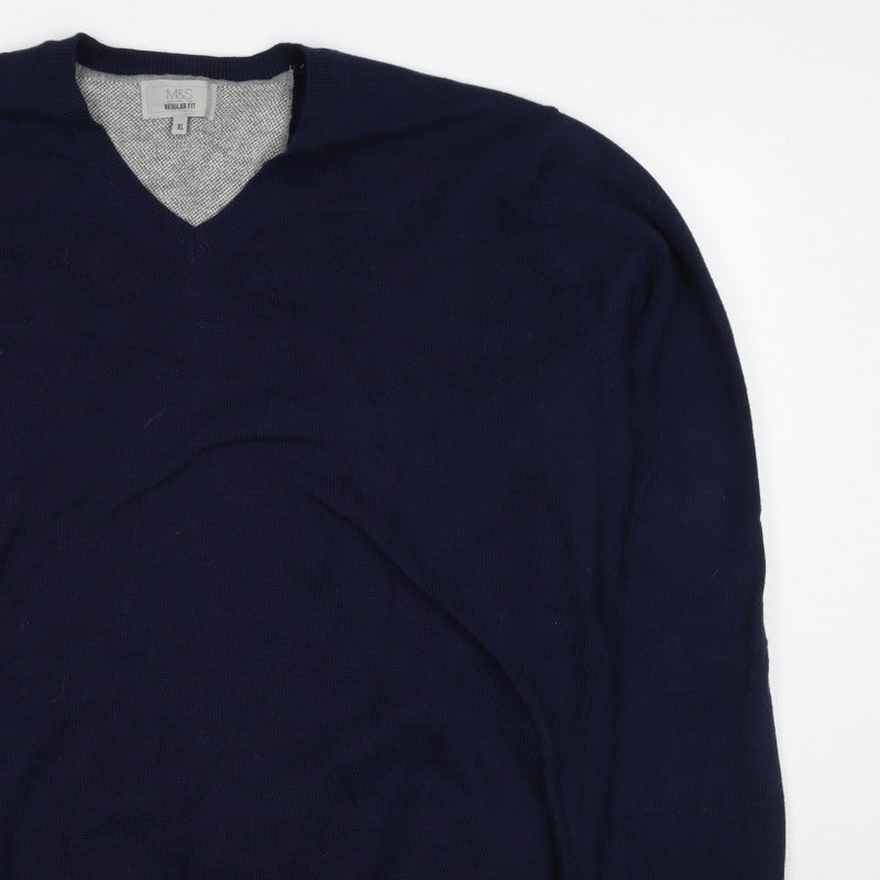 Marks and Spencer Men Blue XL Regular Fit Cotton V-Neck Pullover Jumper