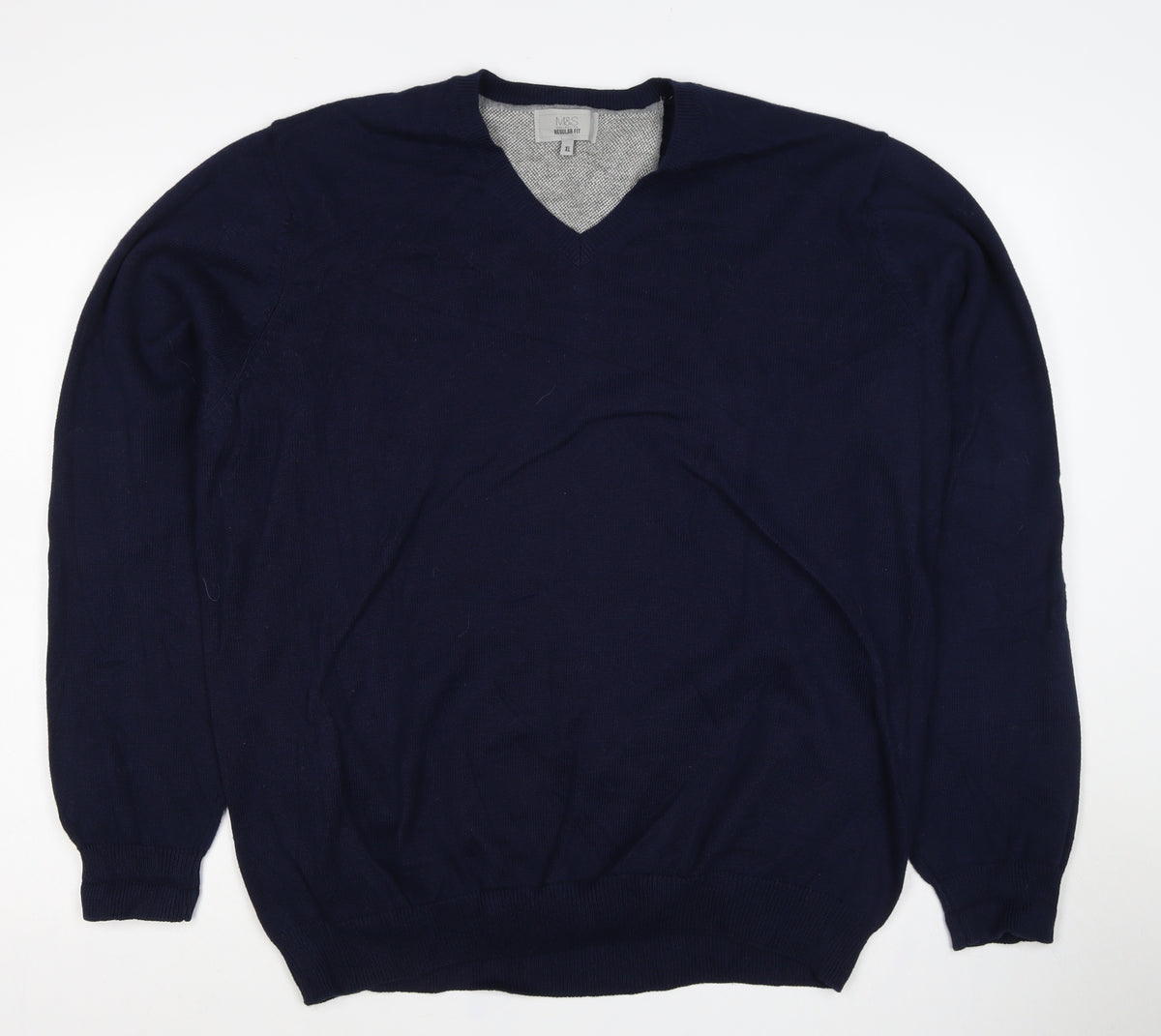 Marks and Spencer Men Blue XL Regular Fit Cotton V-Neck Pullover Jumper