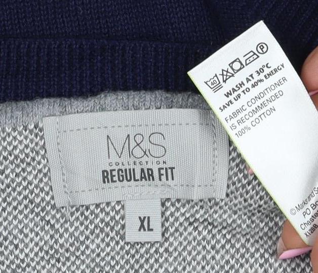 Marks and Spencer Men Blue XL Regular Fit Cotton V-Neck Pullover Jumper