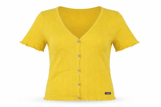 Superdry Women Yellow UK 12 V-Neck Pointelle Button-Up Knit Top