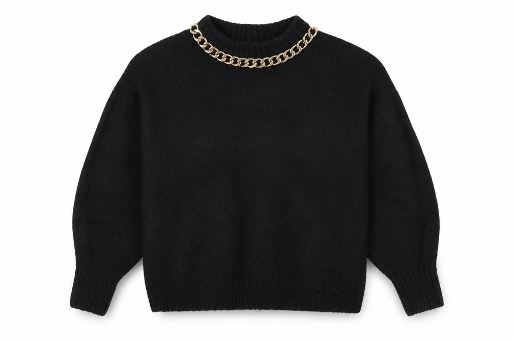 Women's Black Gold Chain Neck Knit Jumper Size S Long Sleeve