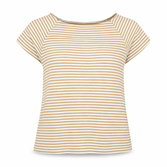 M&S Women Beige White Striped Square Neck Cotton T-Shirt Size 14