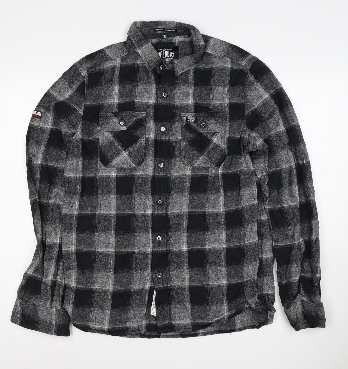 Superdry Men Black Grey Check Cotton Button-Up Shirt Size L