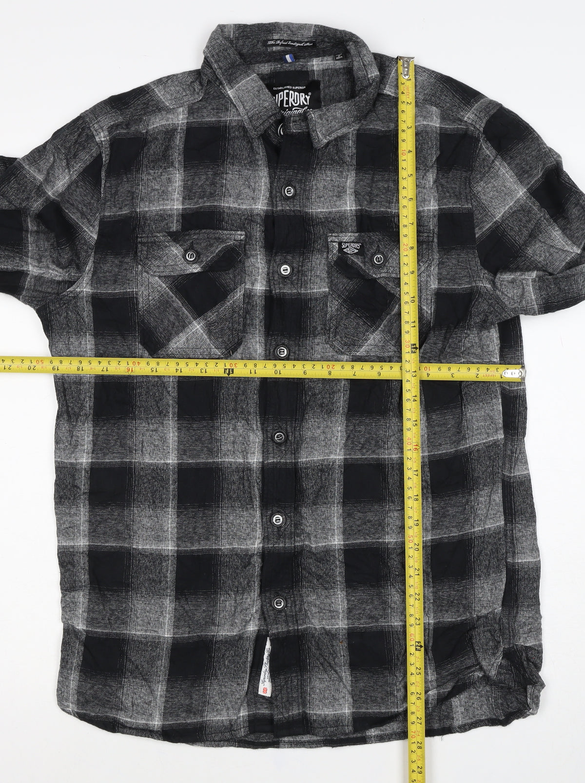Superdry Men Black Grey Check Cotton Button-Up Shirt Size L