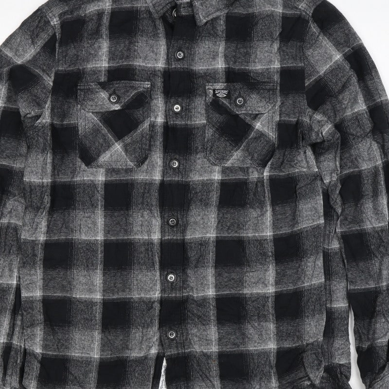 Superdry Men Black Grey Check Cotton Button-Up Shirt Size L