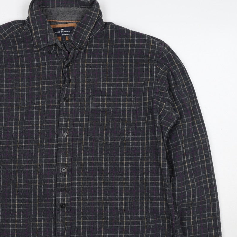 Blue Harbour Men’s Black Check Cotton Flannel Button-Down Shirt L Regular
