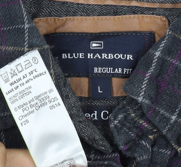 Blue Harbour Men’s Black Check Cotton Flannel Button-Down Shirt L Regular