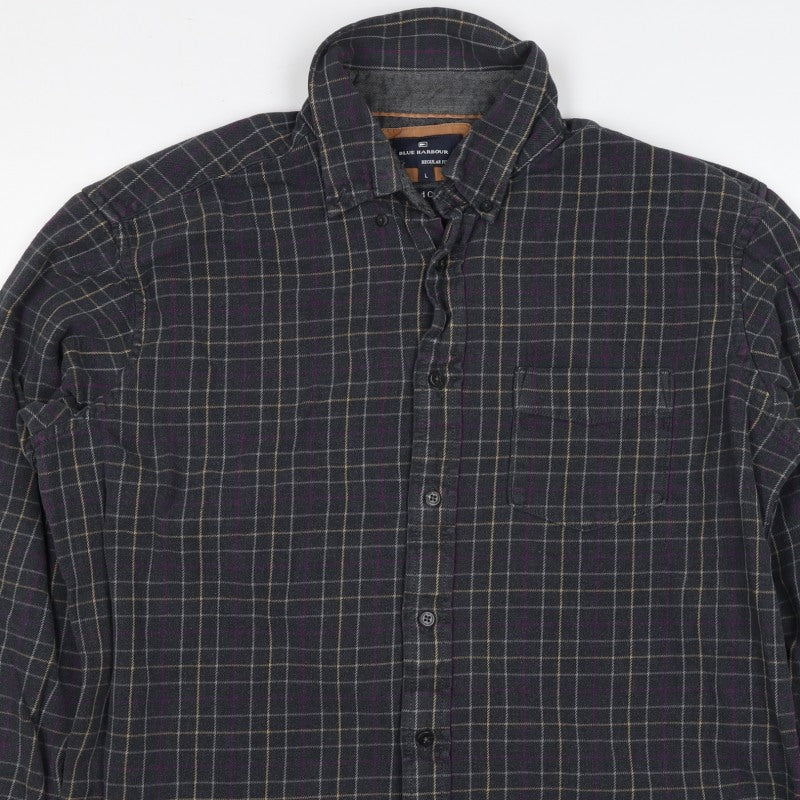 Blue Harbour Men’s Black Check Cotton Flannel Button-Down Shirt L Regular