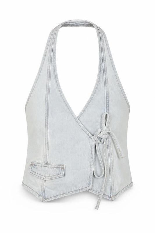 Pull&Bear Women Blue XS Denim Halter Wrap Tie Tank Top