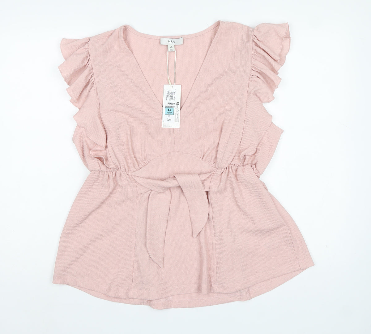 Marks & Spencer Women's Pink Size 14 Wrap Ruffle Belted Blouse