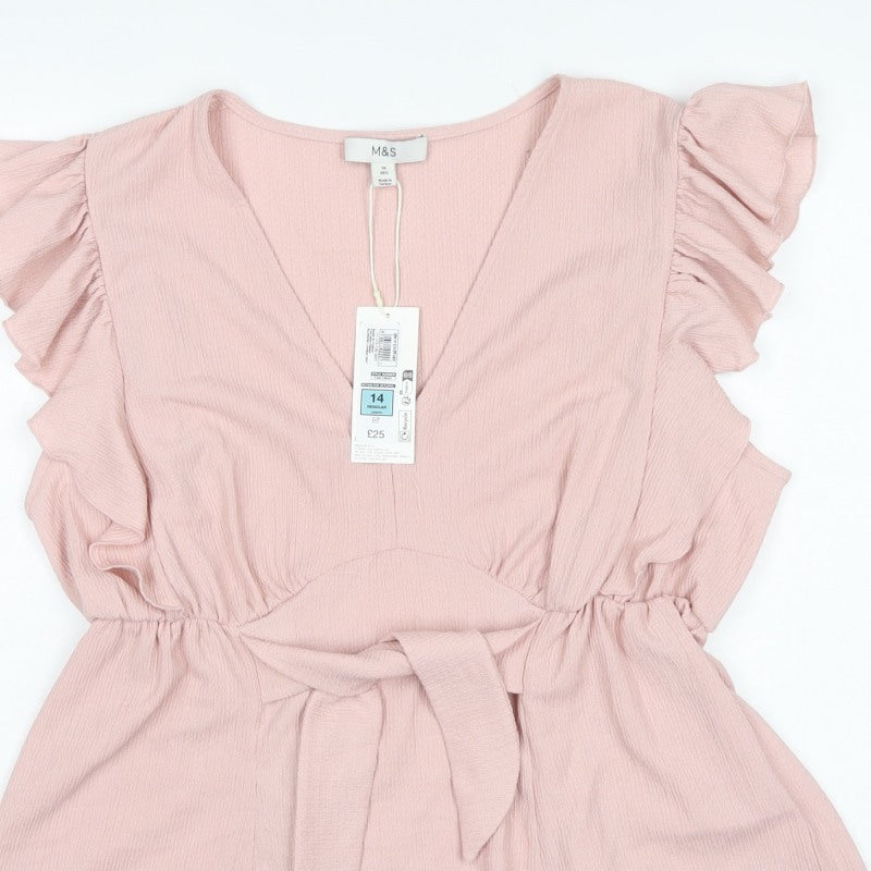 Marks & Spencer Women's Pink Size 14 Wrap Ruffle Belted Blouse
