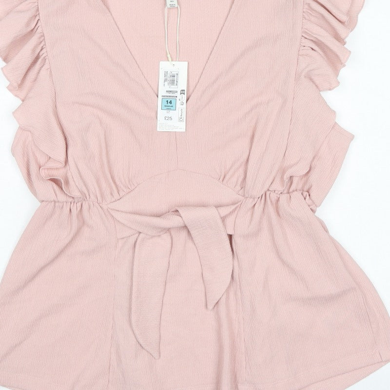 Marks & Spencer Women's Pink Size 14 Wrap Ruffle Belted Blouse