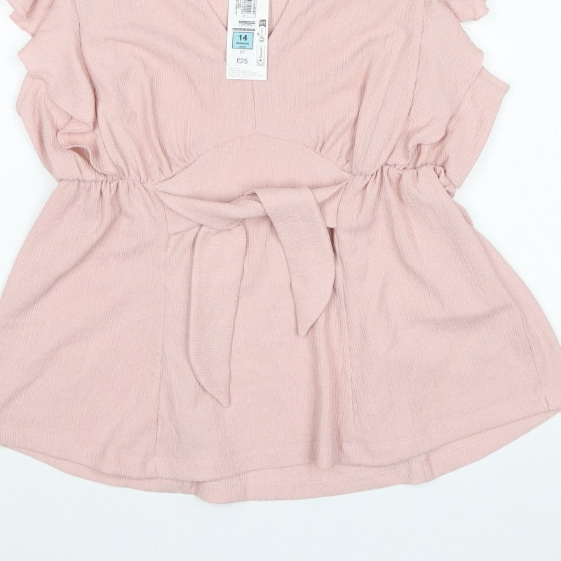 Marks & Spencer Women's Pink Size 14 Wrap Ruffle Belted Blouse