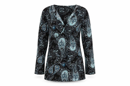 Next Women Black Blue Paisley Wrap V-Neck Long Sleeve Blouse UK 12
