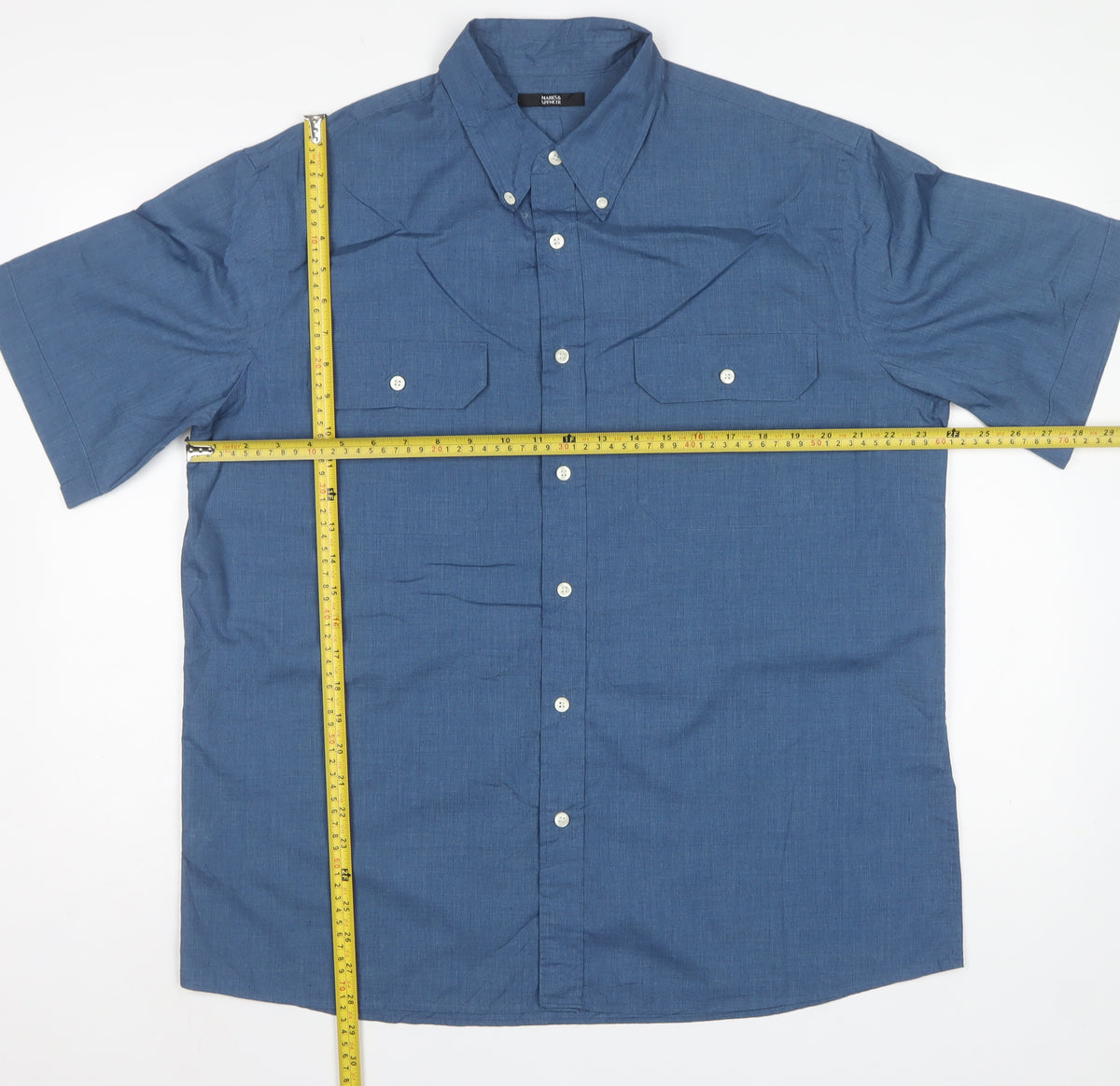 Marks & Spencer Men's Blue L Short Sleeve Button-Up Pocket Shirt