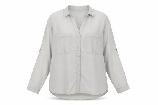 Zara Women Grey S Tencel Button-Up Roll Tab Sleeve Shirt