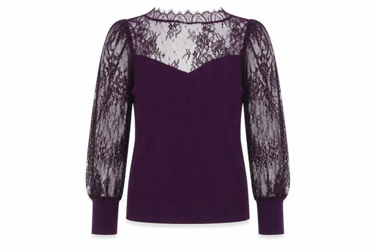 Next Women Purple UK 12 Lace Sweetheart Balloon Sleeve Knit Blouse