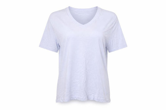 H&M Women Blue M 100% Linen V-Neck Basic Short Sleeve T-Shirt