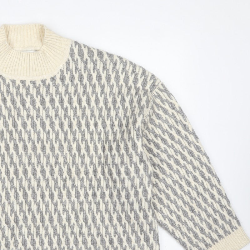 Marks & Spencer Women Grey XL Geometric Roll Neck Chunky Knit Jumper