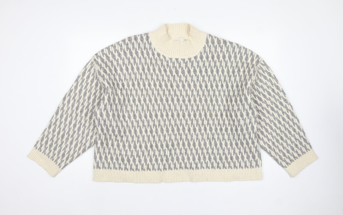 Marks & Spencer Women Grey XL Geometric Roll Neck Chunky Knit Jumper