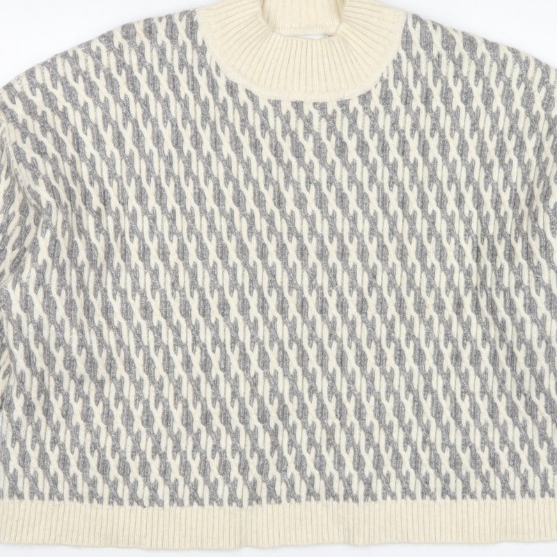 Marks & Spencer Women Grey XL Geometric Roll Neck Chunky Knit Jumper