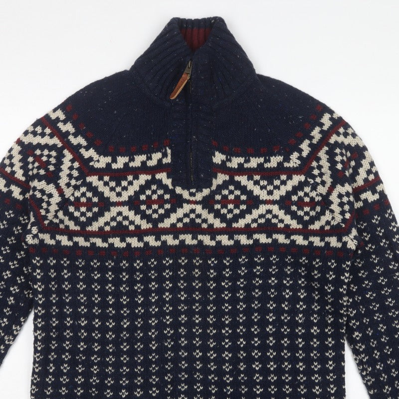 Fat Face Men's Blue L Fair Isle 1/4 Zip Wool Blend Jumper