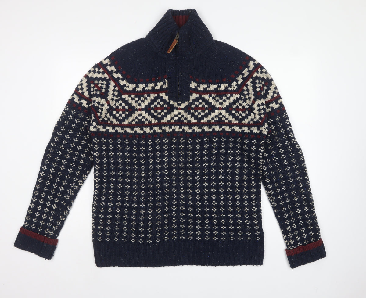 Fat Face Men's Blue L Fair Isle 1/4 Zip Wool Blend Jumper