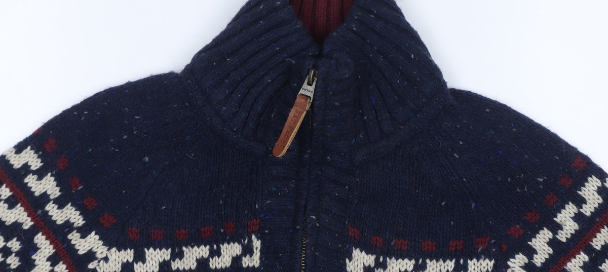 Fat Face Men's Blue L Fair Isle 1/4 Zip Wool Blend Jumper