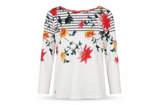 Joules Women White UK 12 Floral Striped 3/4 Sleeve Jersey T-Shirt