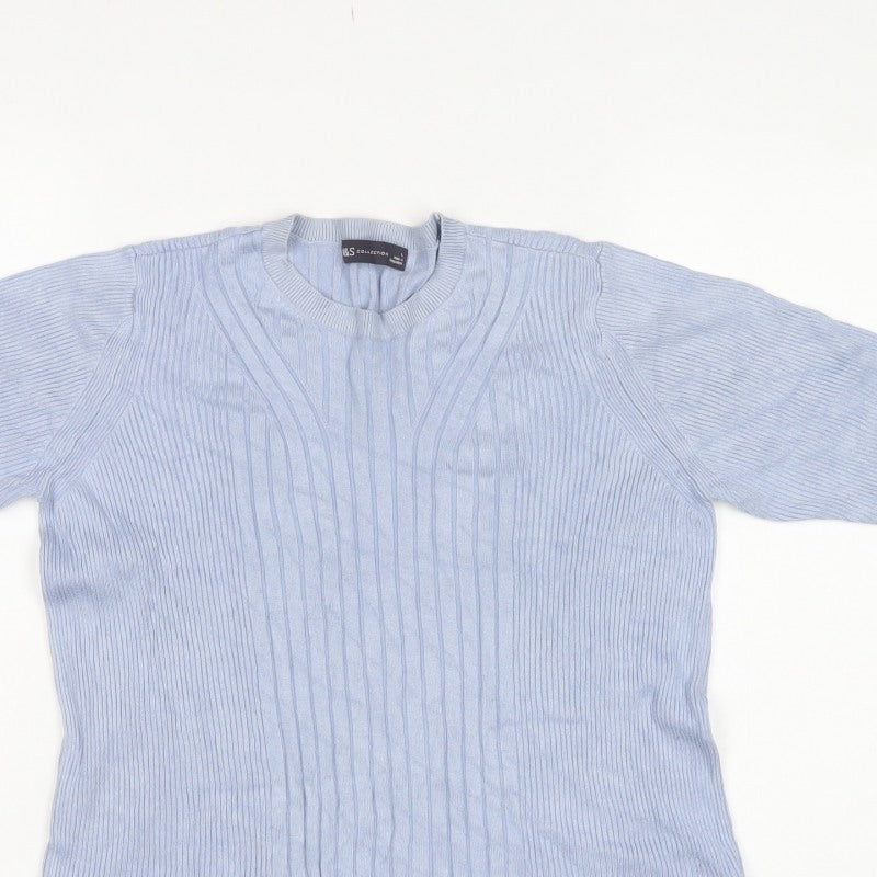 Marks and Spencer Men Blue M Ribbed Knit Short Sleeve Jumper