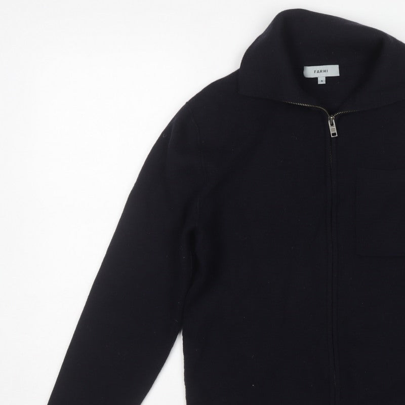 Farhi Men’s Black Small Full Zip Wool Knit High Neck Cardigan