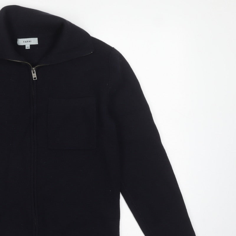 Farhi Men’s Black Small Full Zip Wool Knit High Neck Cardigan