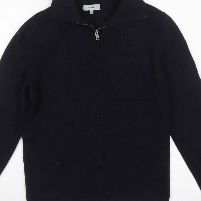 Farhi Men’s Black Small Full Zip Wool Knit High Neck Cardigan