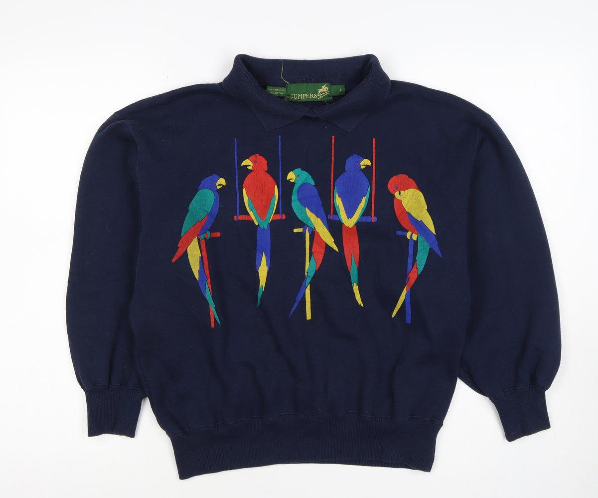Jumpers Women Blue L Vintage Parrot Embroidered Collared Sweatshirt